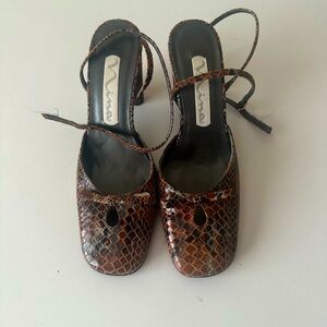 Nina Vintage Animal Print Brown Bow Tie Round Square Toe Ankle Strap Heel 8